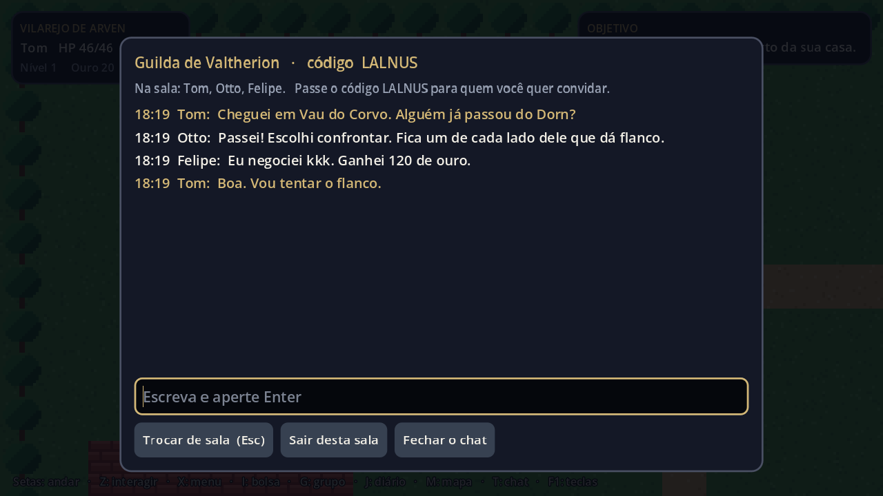 Sala de chat com mensagens de Tom, Otto e Felipe